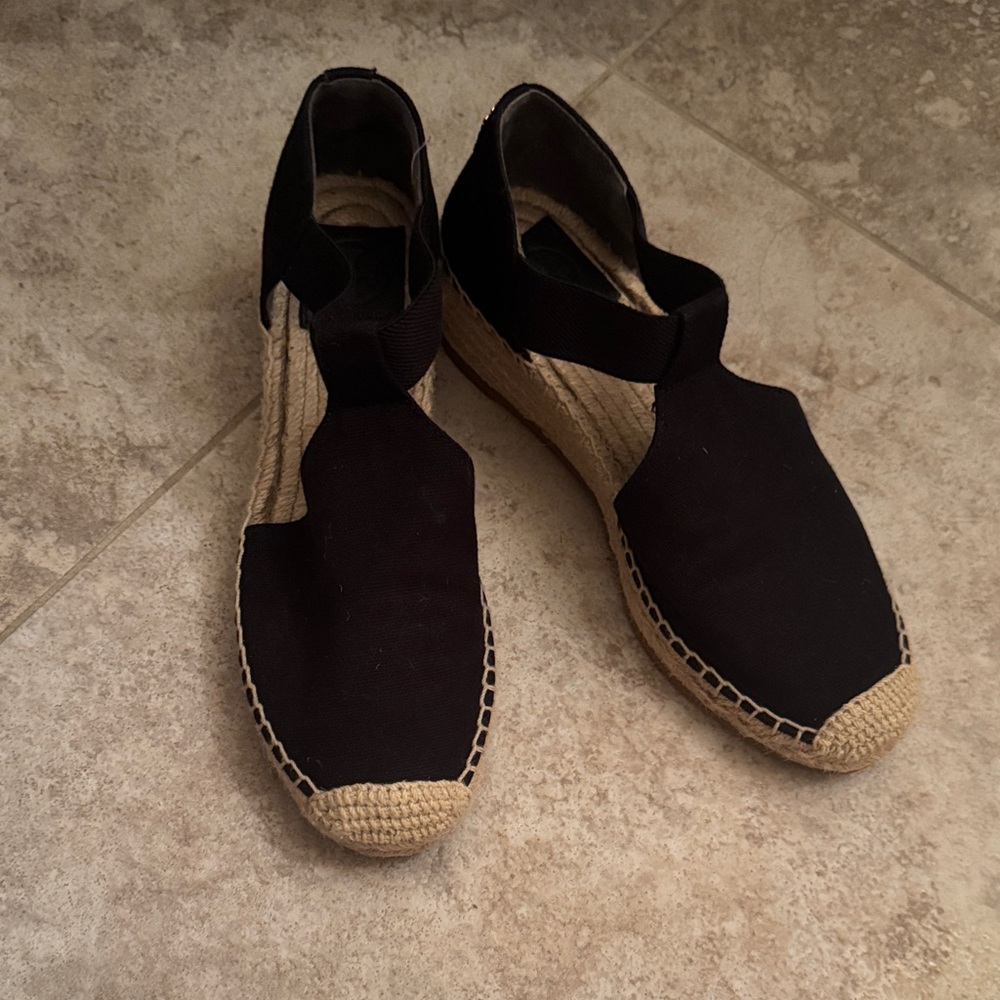 Tory Burch Black Espadrille Wedge with Natural Jute Trim